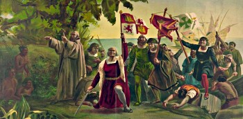 First landing of Columbus on the shores of the New World: at San Salvador, W.I., Oct. 12th 1492.