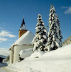 Snowy church and fir tree in the Allgu